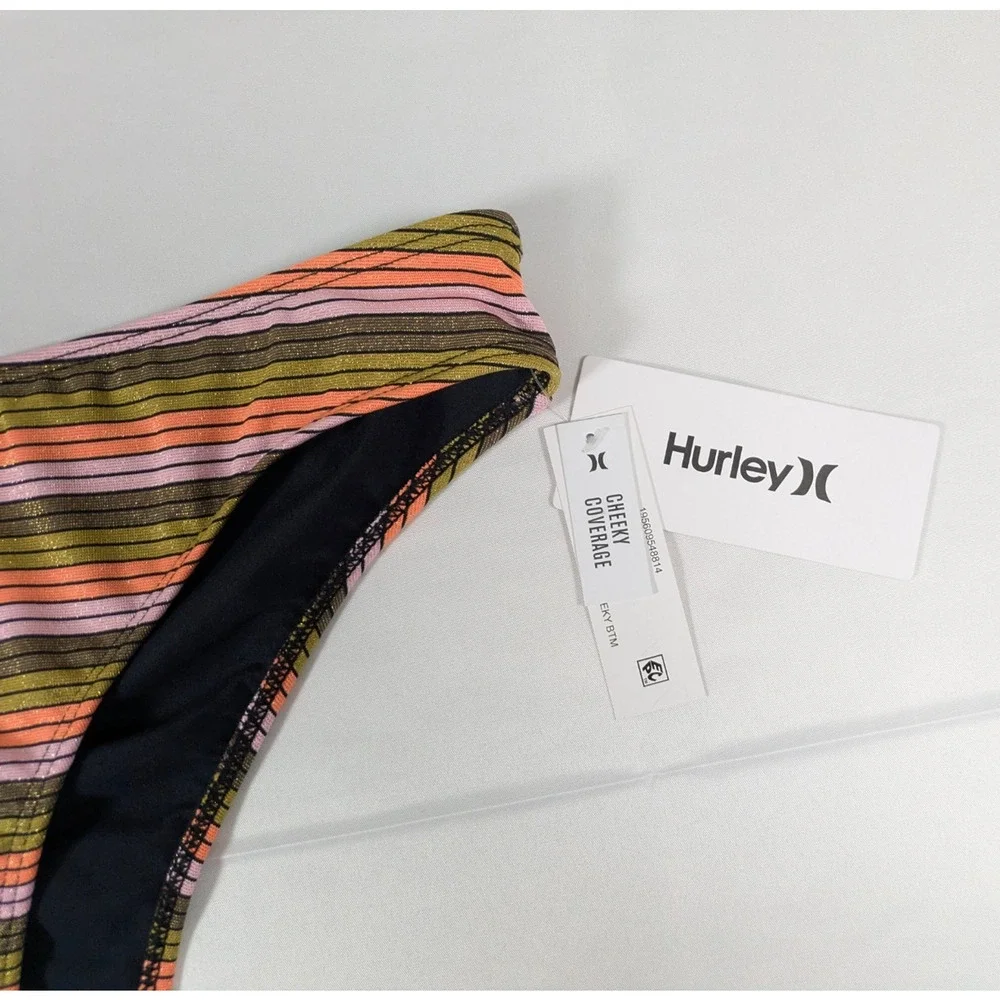 NWT Hurley Cheeky Bikini Bottom Womens XS Sunset Shine Stripe Mid Rise Swim Surf